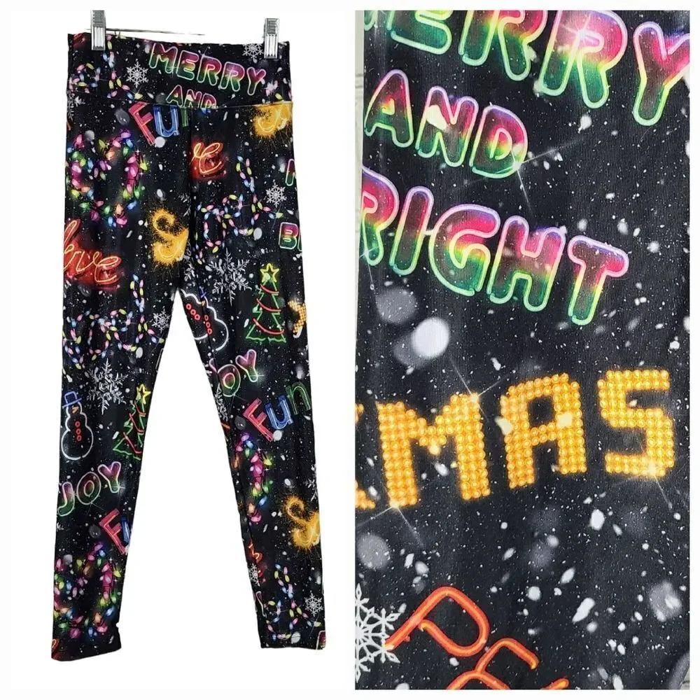 Justice Girls 12 Black Neon Lights Christmas Legging Holiday Print Yoga Pant